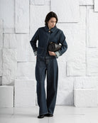 Dk Indigo Rinse Wash Round Jeans Womens Wide Leg Dark Denim Wash Jeans Button Up Closure High Waisted Denim 