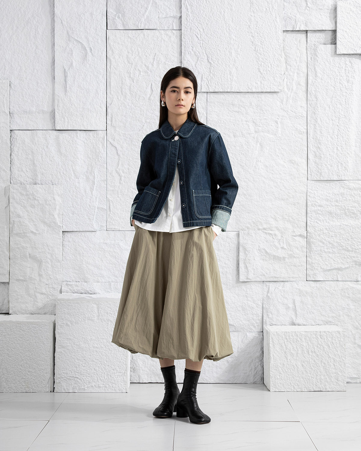 Dk Indigo Cuffed Peter Pan Jacket Womens Denim Jacket Cuffed Sleeve Denim Coat Collared Button Up Denim Outerwear