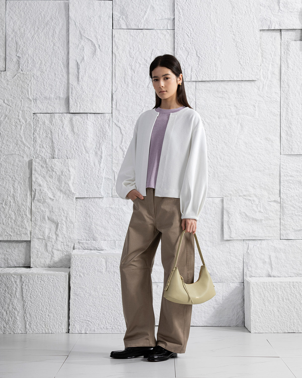 Offwhite Textured Split Cardigan Womens Soft Light Weight Open Cardigan Long Puff Sleeves Layering Garment 