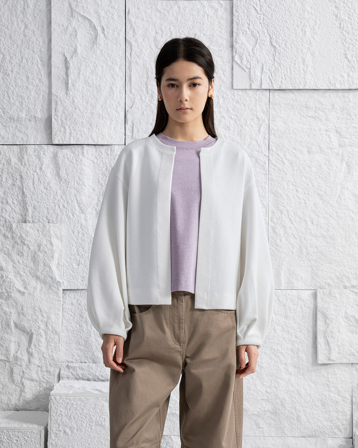 Offwhite Textured Split Cardigan Womens Soft Light Weight Open Cardigan Long Puff Sleeves Layering Garment 