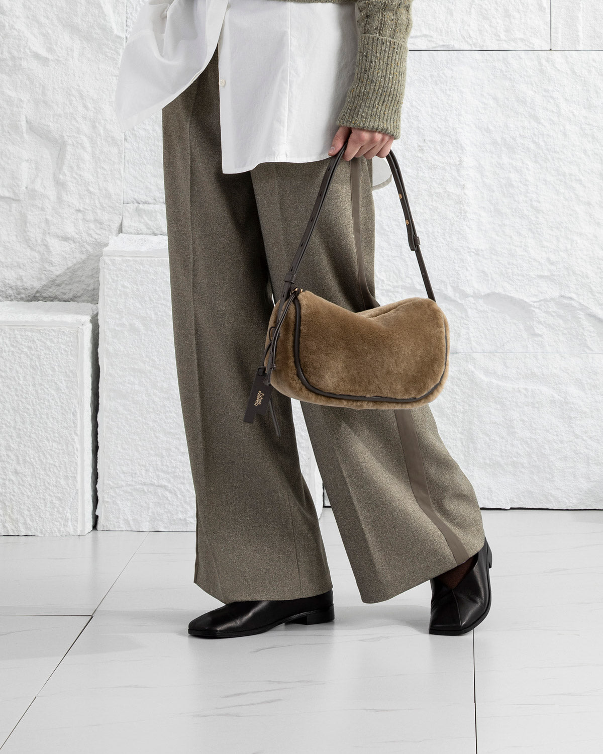 Lead Grey X Shearling Small Sheepskin Loaf Crossbody Womens Small Loaf Shoulder Handbag Sheepskin Exterior Small Accessories Bag 