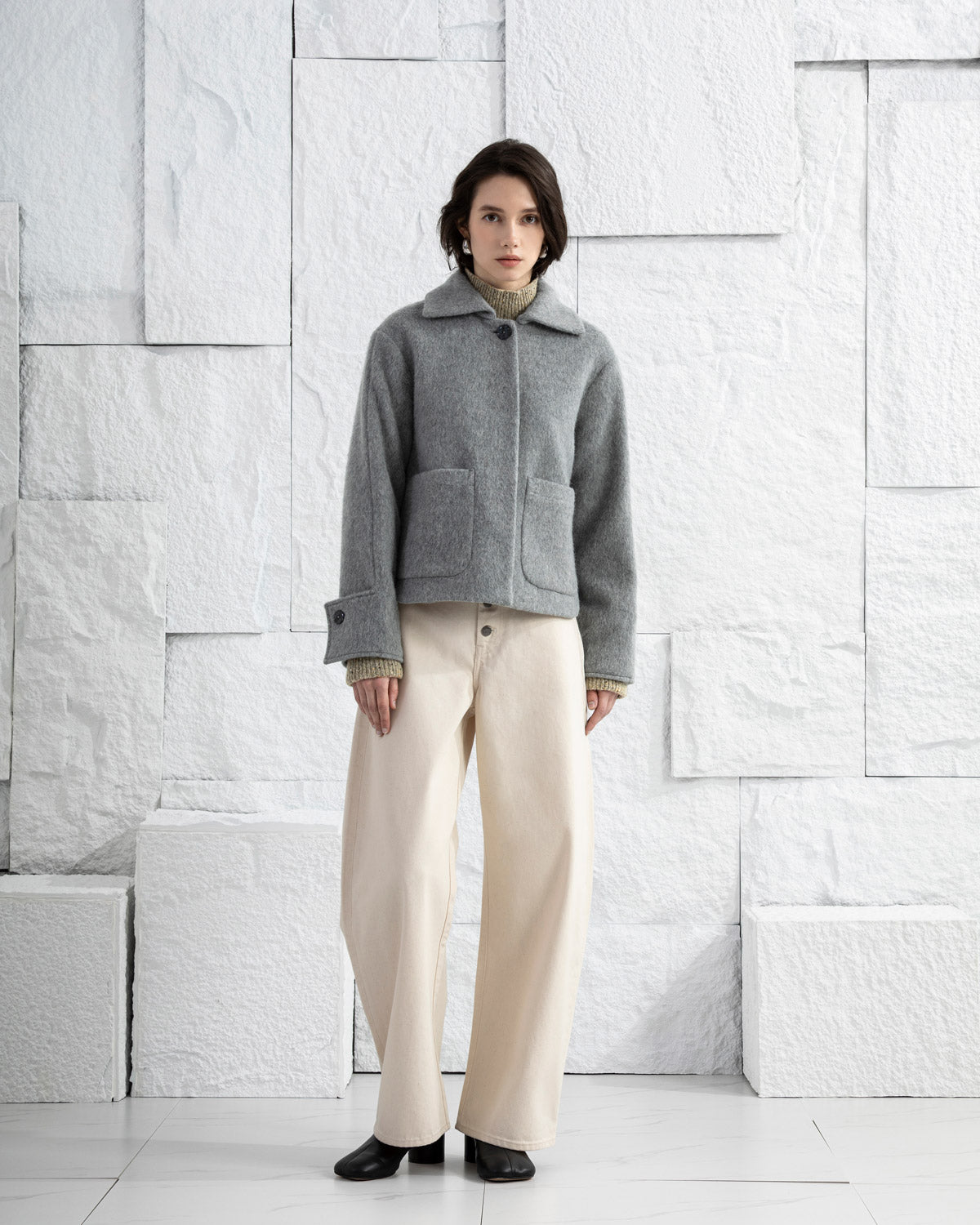 Heather Flint Grey Hairy Wool Jacket Womens Collared Wool Overcoat Womens Pea Coat 