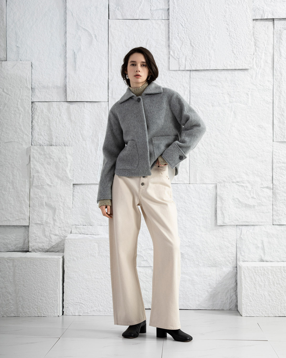 Heather Flint Grey Hairy Wool Jacket Womens Collared Wool Overcoat Womens Pea Coat 