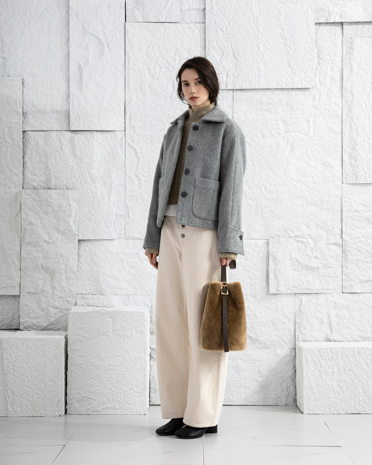 Lead Grey X Shearling Medium Sheep Convertible Bucket Womens Sheepskin Leather Bucket Back Medium Size Shoulder Bag 