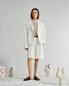 Offwhite Front Slits Tailored Shorts Womens Pleated White Shorts Womens Wide Leg Shorts 