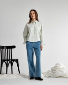 Soft Jade Oversized Boxy Shirt Womens Relaxed Fit Long Sleeve Button Up Woven Shirt Point Collar 
