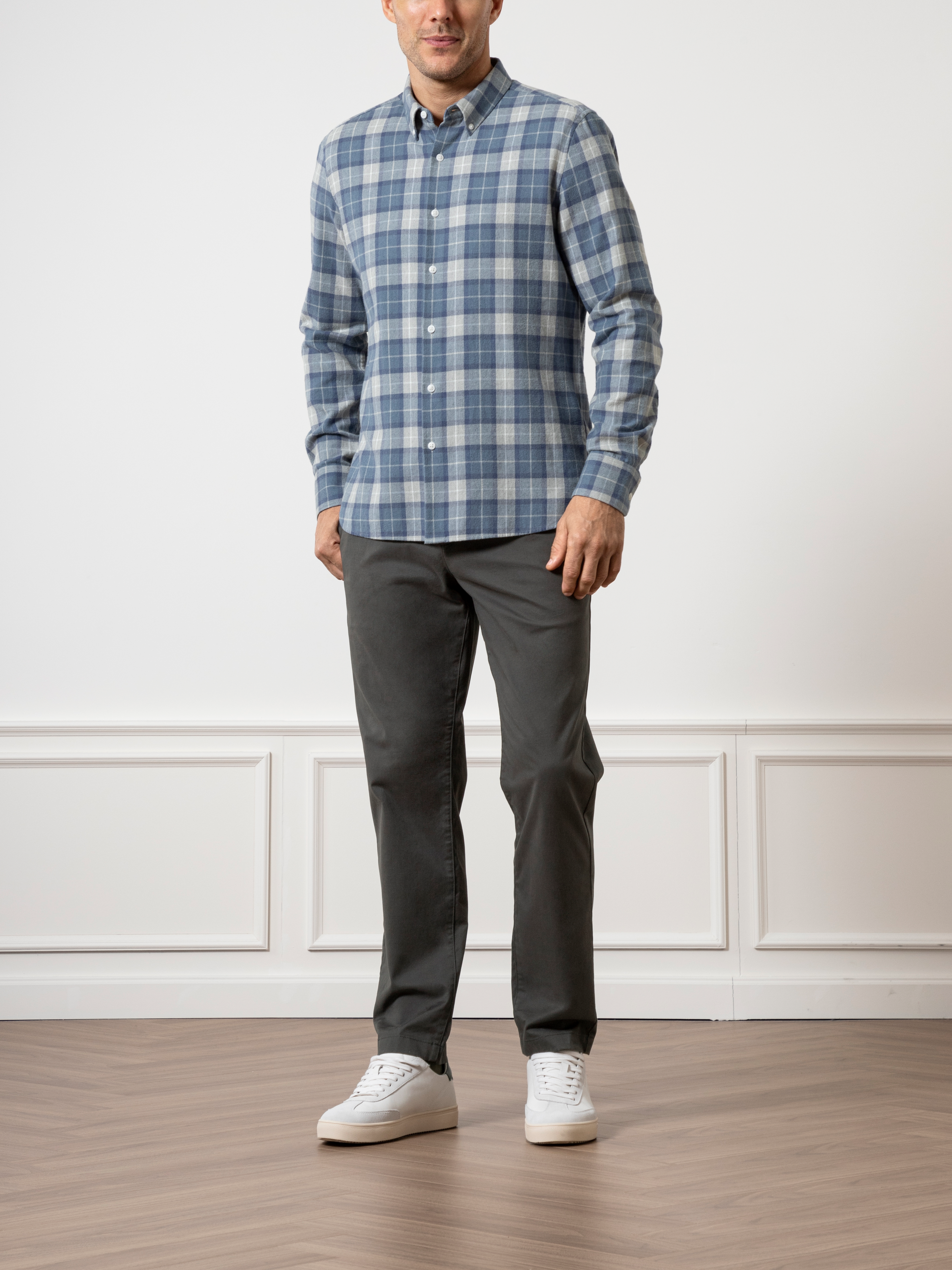 Lt Grey/Mid Blue Check Fulton Flannel Check Shirt Mens Flannel Button Down Shirt Checkered Pattern