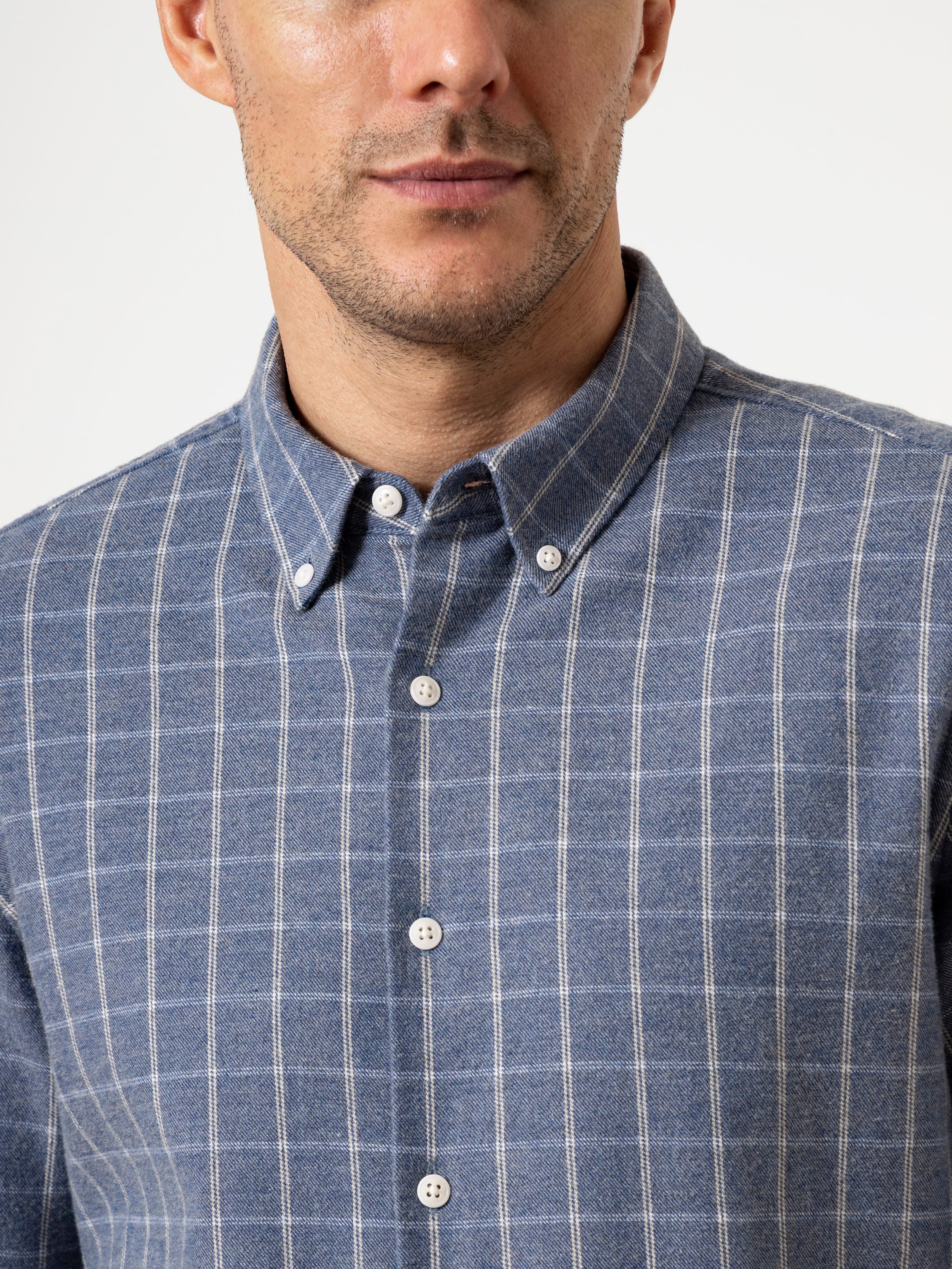 Mid Blue Heather/White Check Fulton Heather Windowpane Shirt Mens Checkered Button Down Shirt Casual Work Shirt 