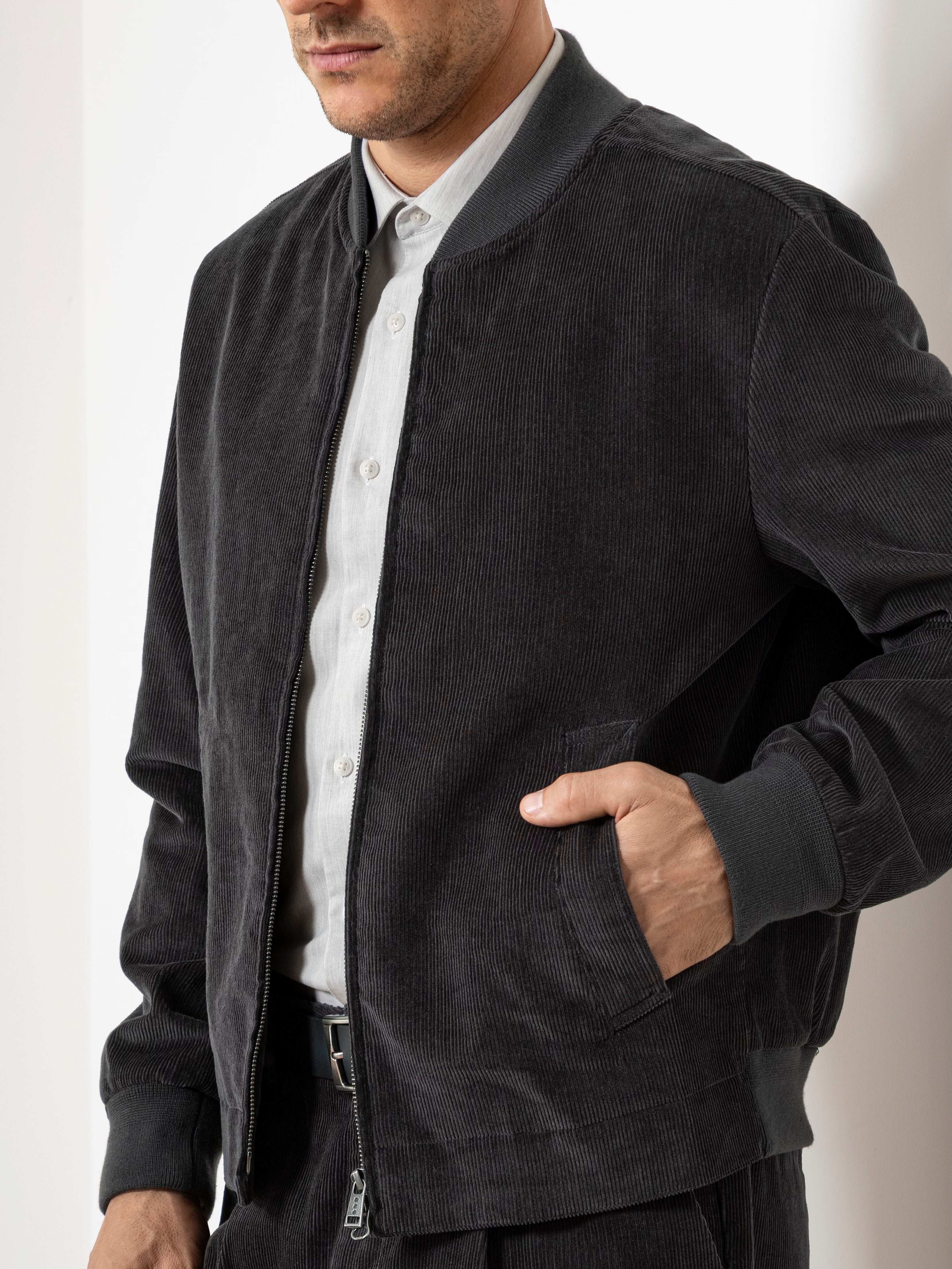 Dk Charcoal Dominic Corduroy Jacket Mens Corduroy Bomber Jacket Zip Up Cropped Jacket 