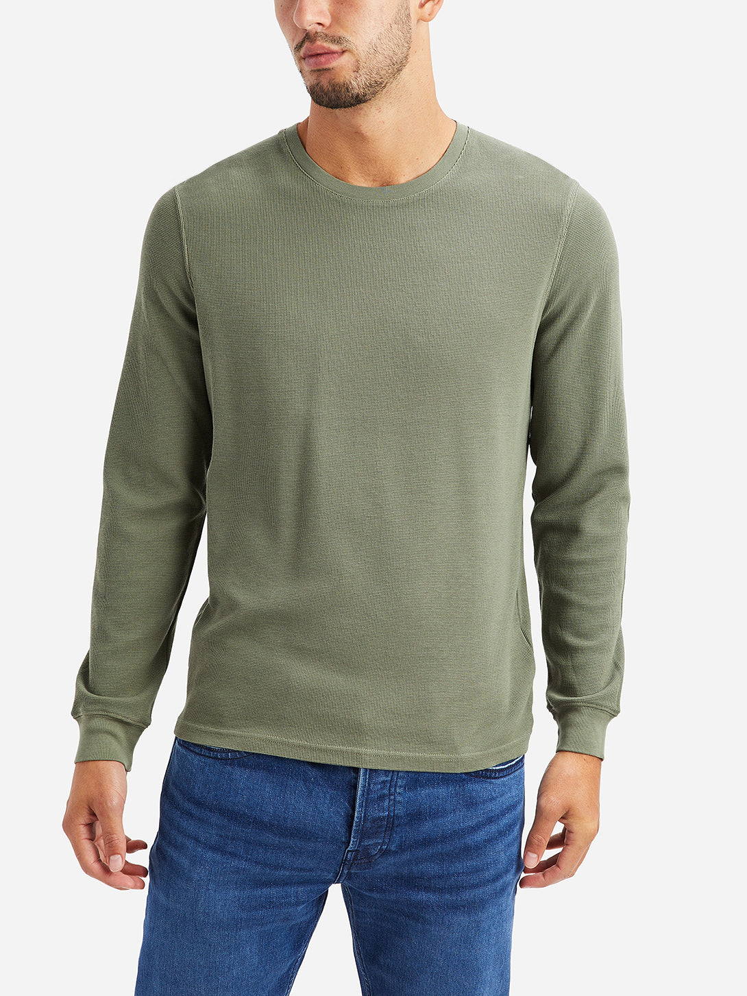 Dark Olive Mens Village Waffle Long Sleeve Crew FW22